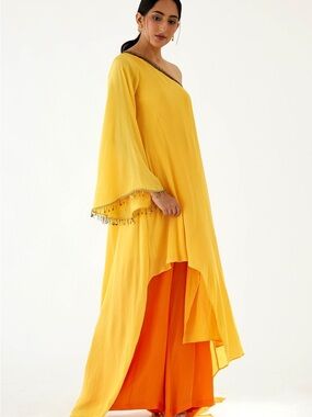 Nikasha Asymmetrical One-Shoulder Tunic & Dhoti Pants Set | Coin Hand Embroidery